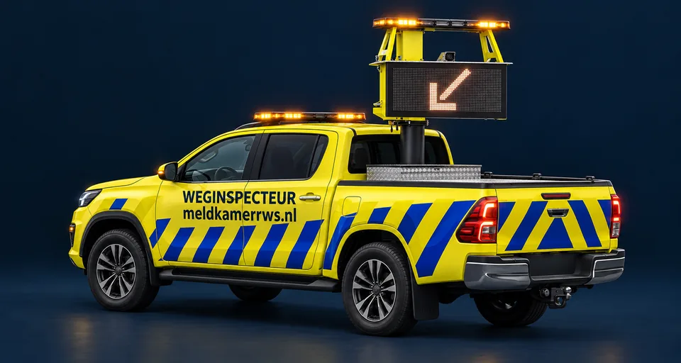 Gele weginspecteursauto van meldkamerrws.nl met afzetpijl